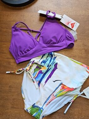 Purple Women's Bikini Top with Printed High-Waist Bottom - XS
